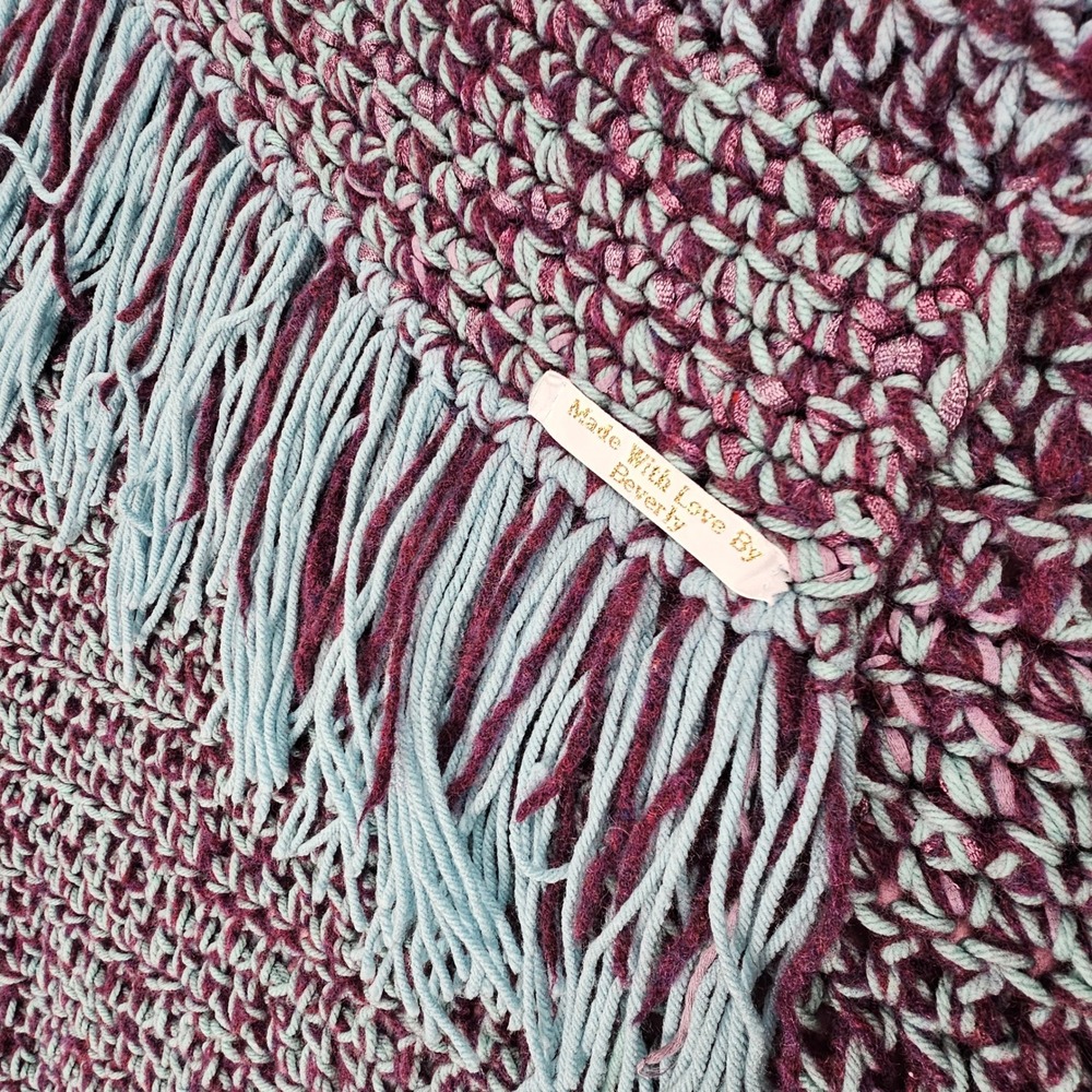 Handmade Crochet Blanket Throw Burgundy Teal Fringe Cozy Afghan Home Decor Gift